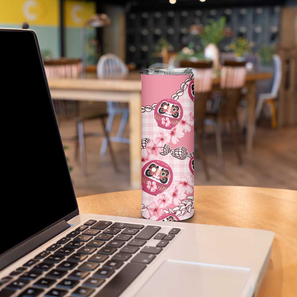Japanese Daruma Doll Palaka Skinny Tumbler Cherry Blossoms With Shell Lei - Wonder Print Shop