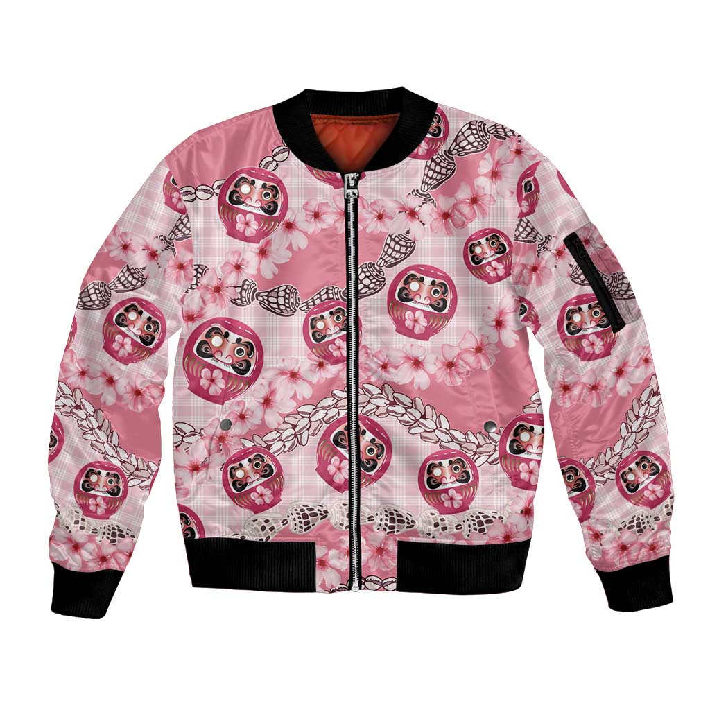 Japanese Daruma Doll Palaka Sleeve Zip Bomber Jacket Cherry Blossoms With Shell Lei - Wonder Print Shop