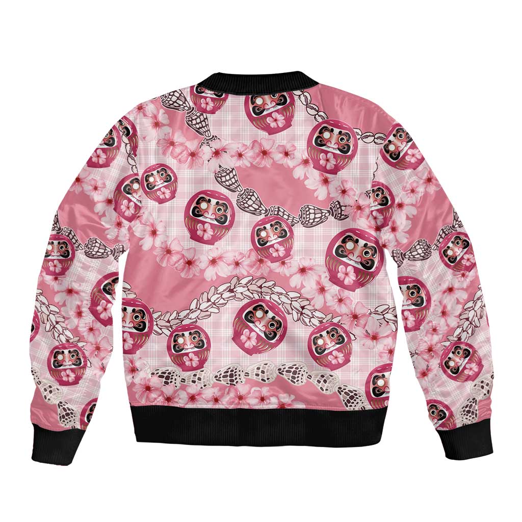 Japanese Daruma Doll Palaka Sleeve Zip Bomber Jacket Cherry Blossoms With Shell Lei - Wonder Print Shop