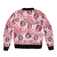 Japanese Daruma Doll Palaka Sleeve Zip Bomber Jacket Cherry Blossoms With Shell Lei - Wonder Print Shop
