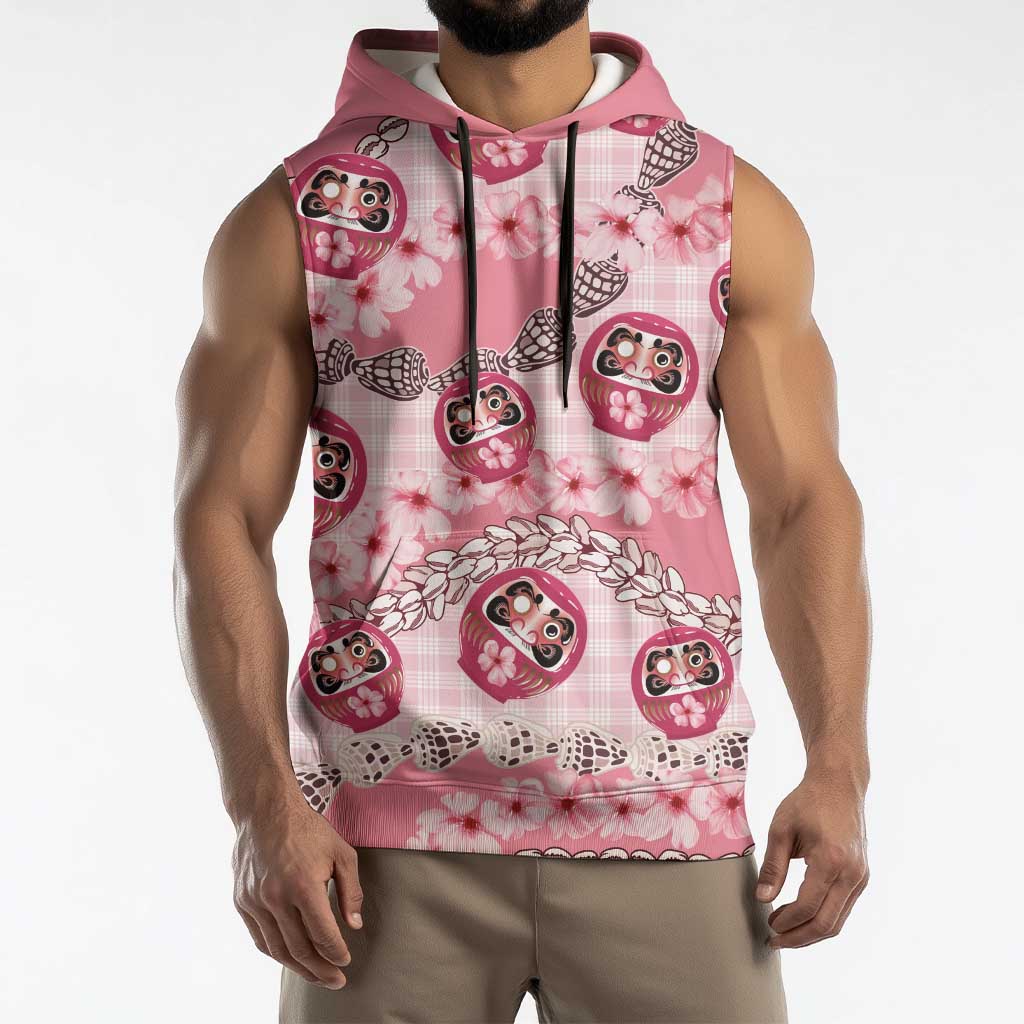 Japanese Daruma Doll Palaka Sleeveless Hoodie Cherry Blossoms With Shell Lei - Wonder Print Shop