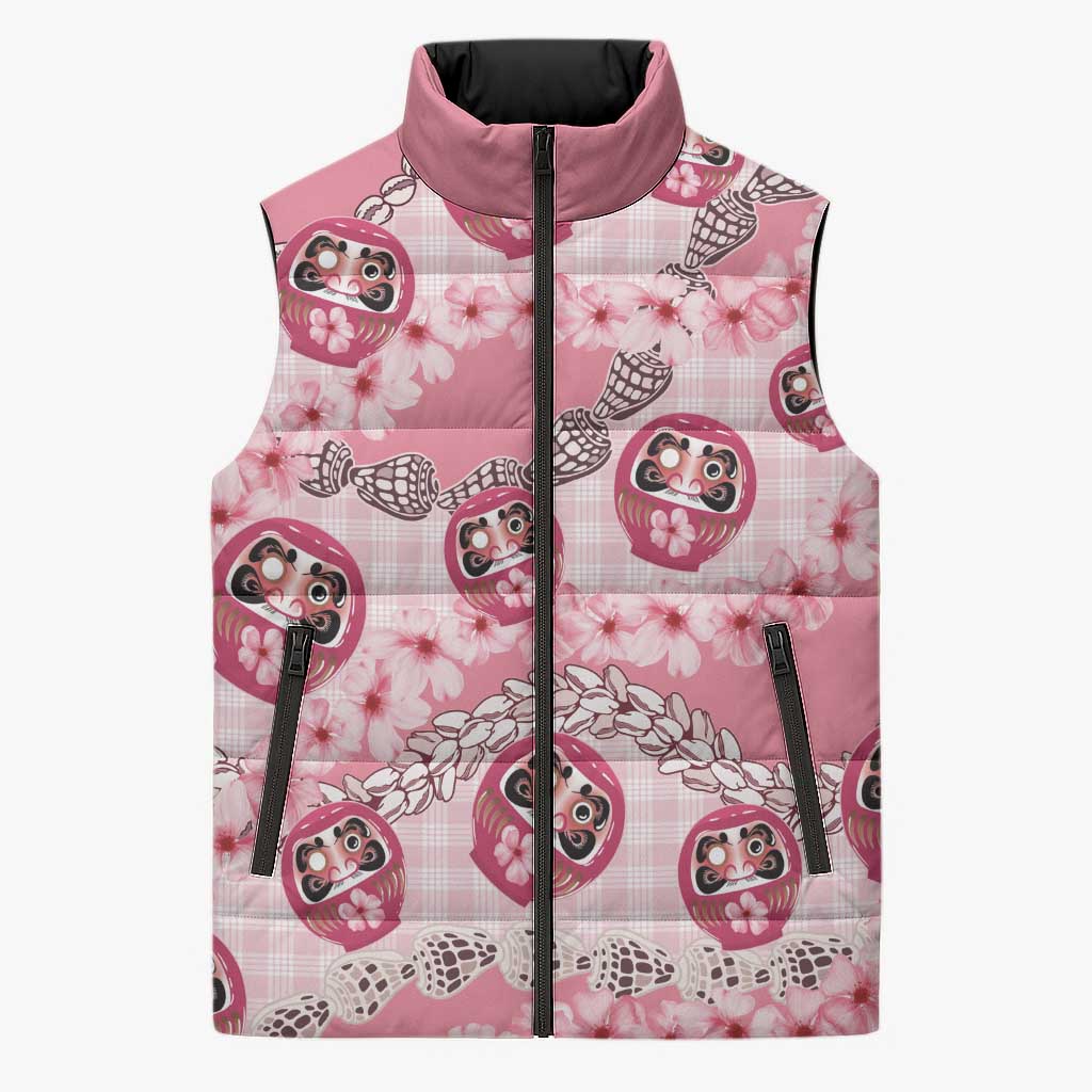 Japanese Daruma Doll Palaka Sleeveless Puffer Jacket Cherry Blossoms With Shell Lei - Wonder Print Shop
