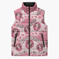 Japanese Daruma Doll Palaka Sleeveless Puffer Jacket Cherry Blossoms With Shell Lei - Wonder Print Shop