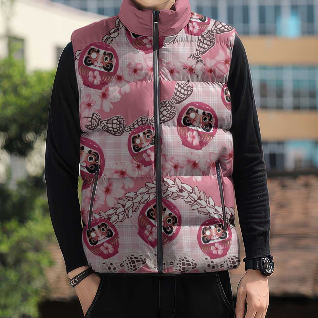 Japanese Daruma Doll Palaka Sleeveless Puffer Jacket Cherry Blossoms With Shell Lei - Wonder Print Shop