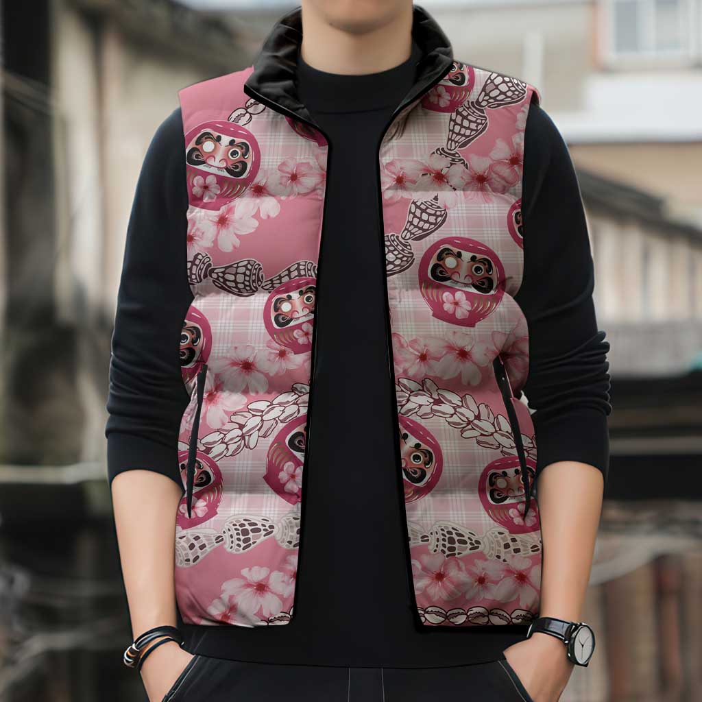 Japanese Daruma Doll Palaka Sleeveless Puffer Jacket Cherry Blossoms With Shell Lei - Wonder Print Shop