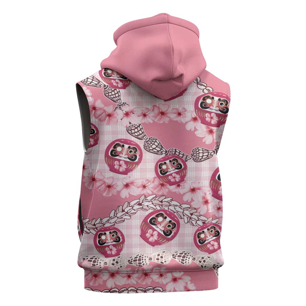 Japanese Daruma Doll Palaka Sleeveless Zip Hoodie Cherry Blossoms With Shell Lei - Wonder Print Shop