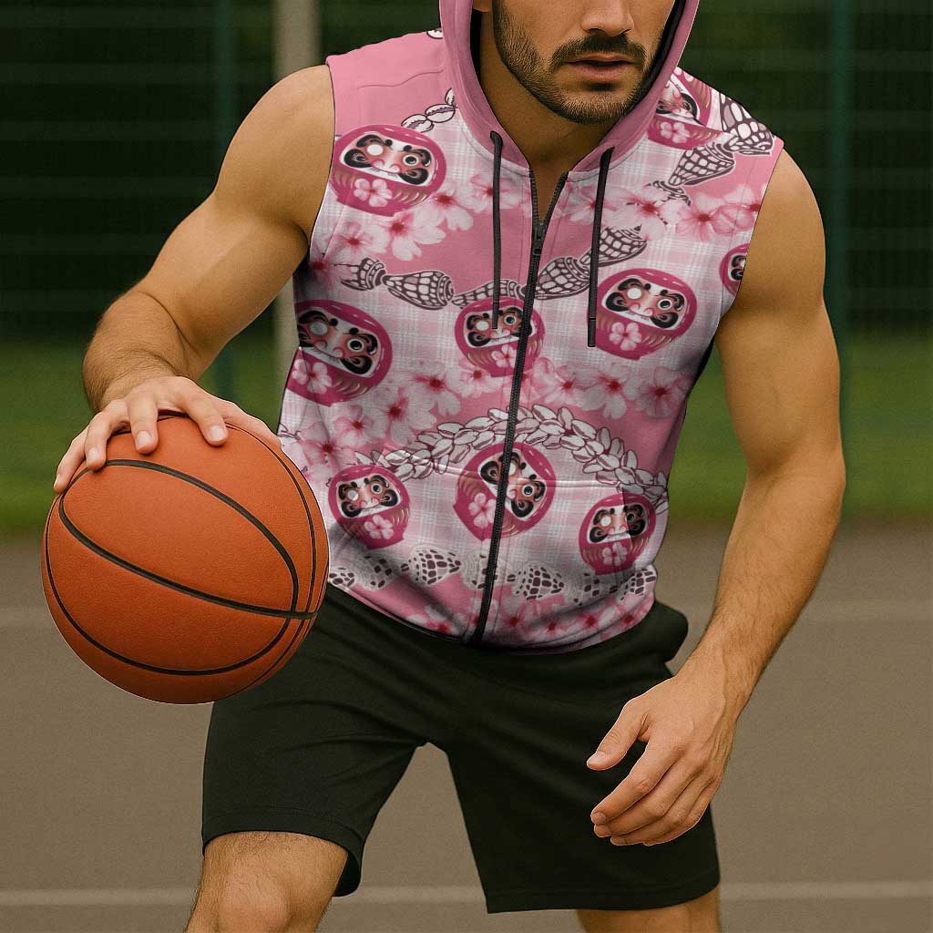 Japanese Daruma Doll Palaka Sleeveless Zip Hoodie Cherry Blossoms With Shell Lei - Wonder Print Shop