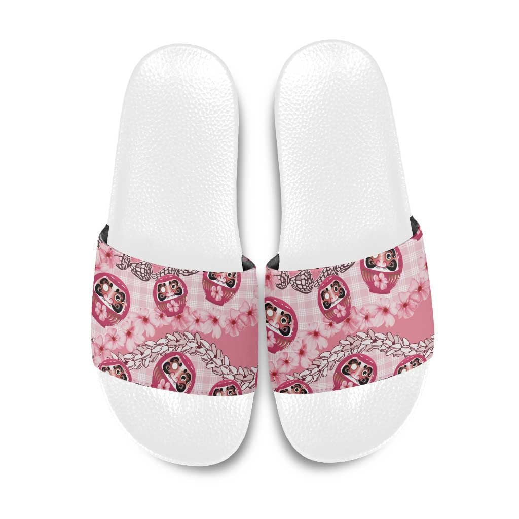 Japanese Daruma Doll Palaka Slide Sandals Cherry Blossoms With Shell Lei - Wonder Print Shop
