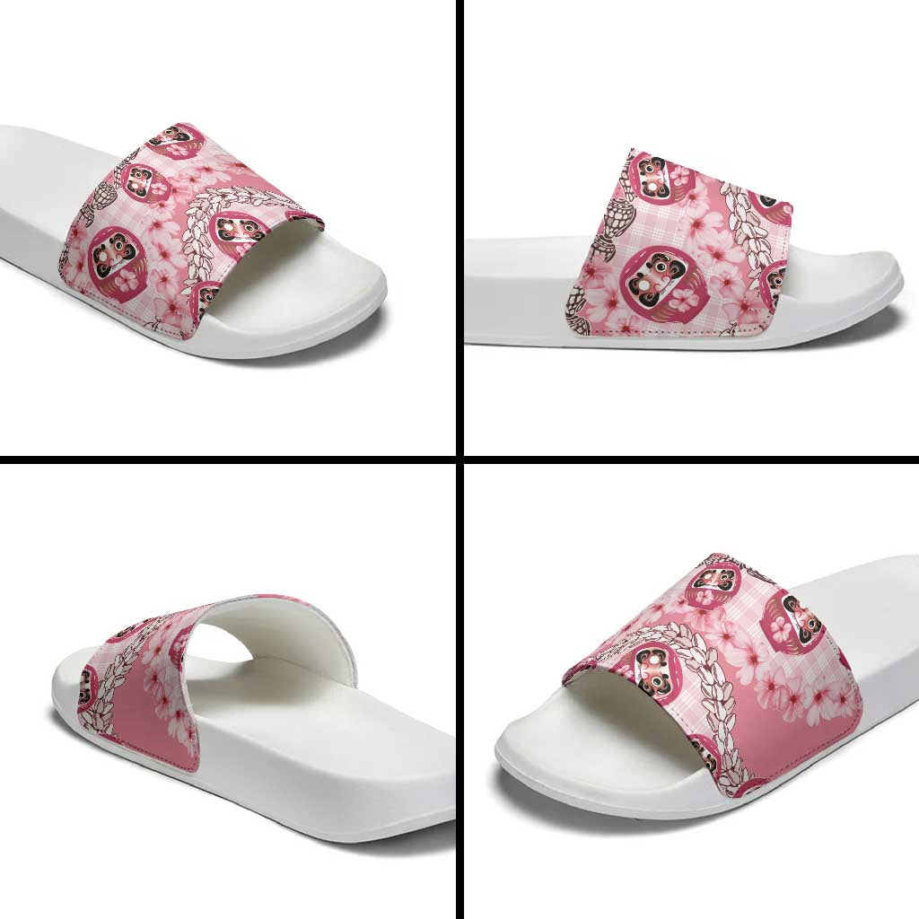 Japanese Daruma Doll Palaka Slide Sandals Cherry Blossoms With Shell Lei - Wonder Print Shop