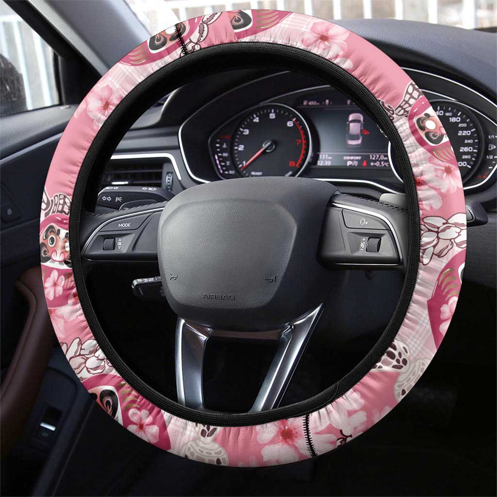 Japanese Daruma Doll Palaka Steering Wheel Cover Cherry Blossoms With Shell Lei - Wonder Print Shop
