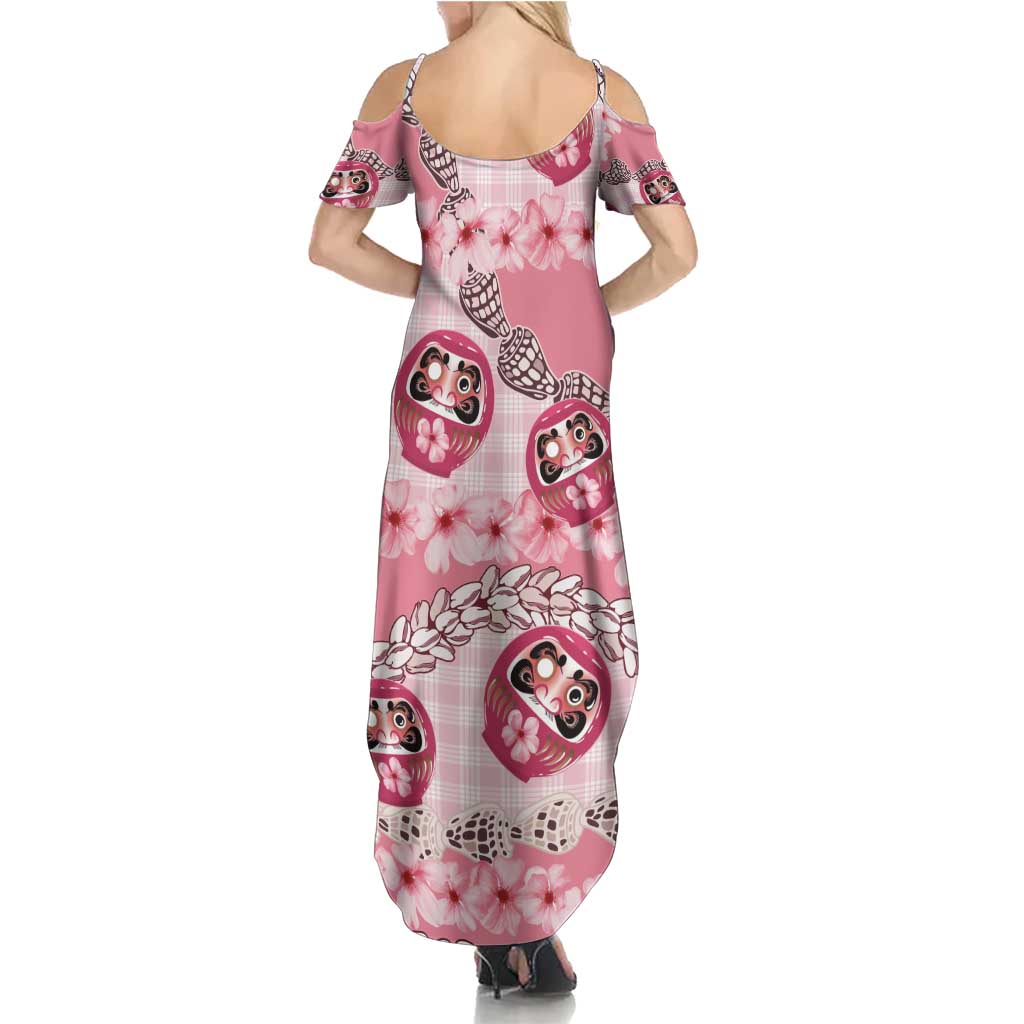 Japanese Daruma Doll Palaka Summer Maxi Dress Cherry Blossoms With Shell Lei - Wonder Print Shop