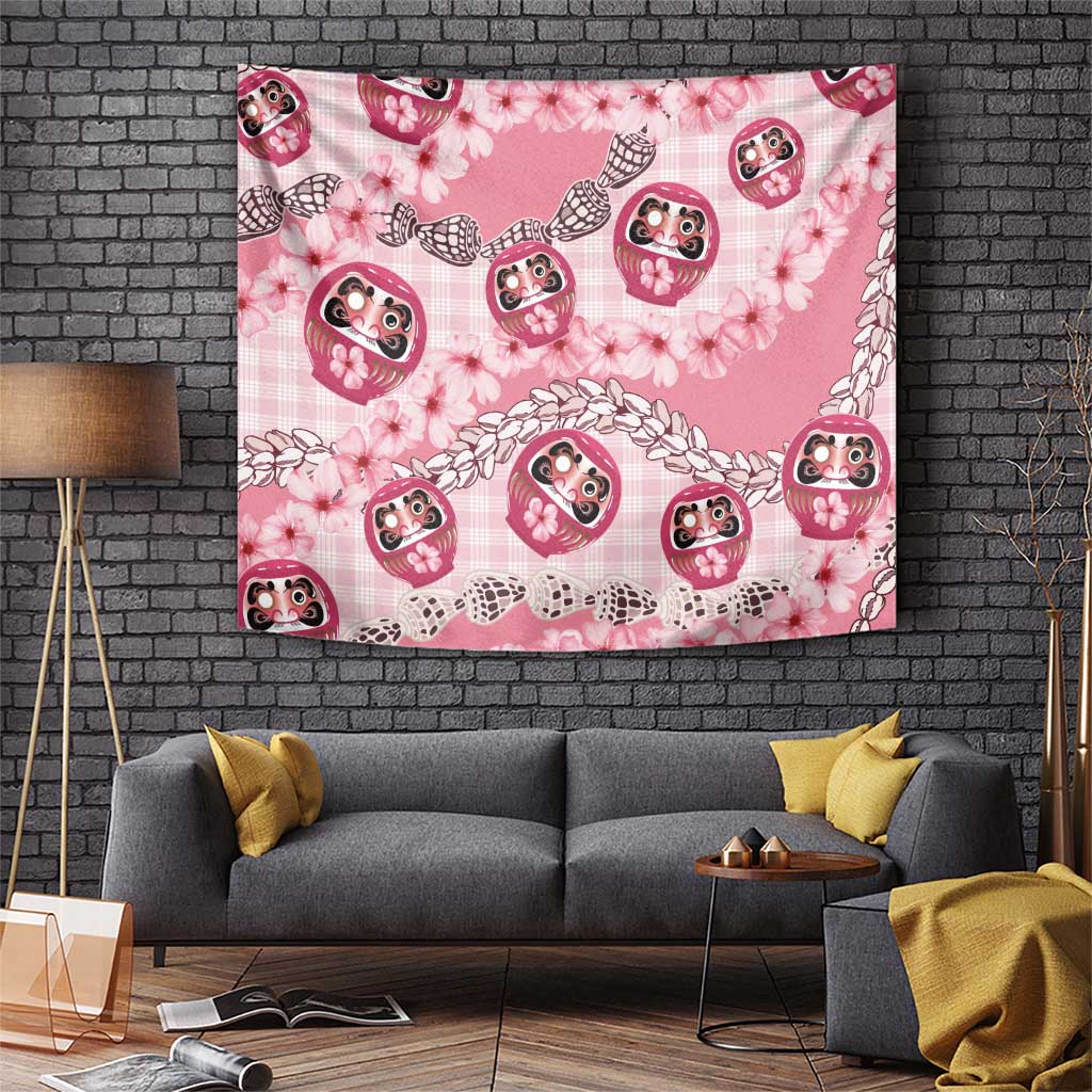 Japanese Daruma Doll Palaka Tapestry Cherry Blossoms With Shell Lei - Wonder Print Shop