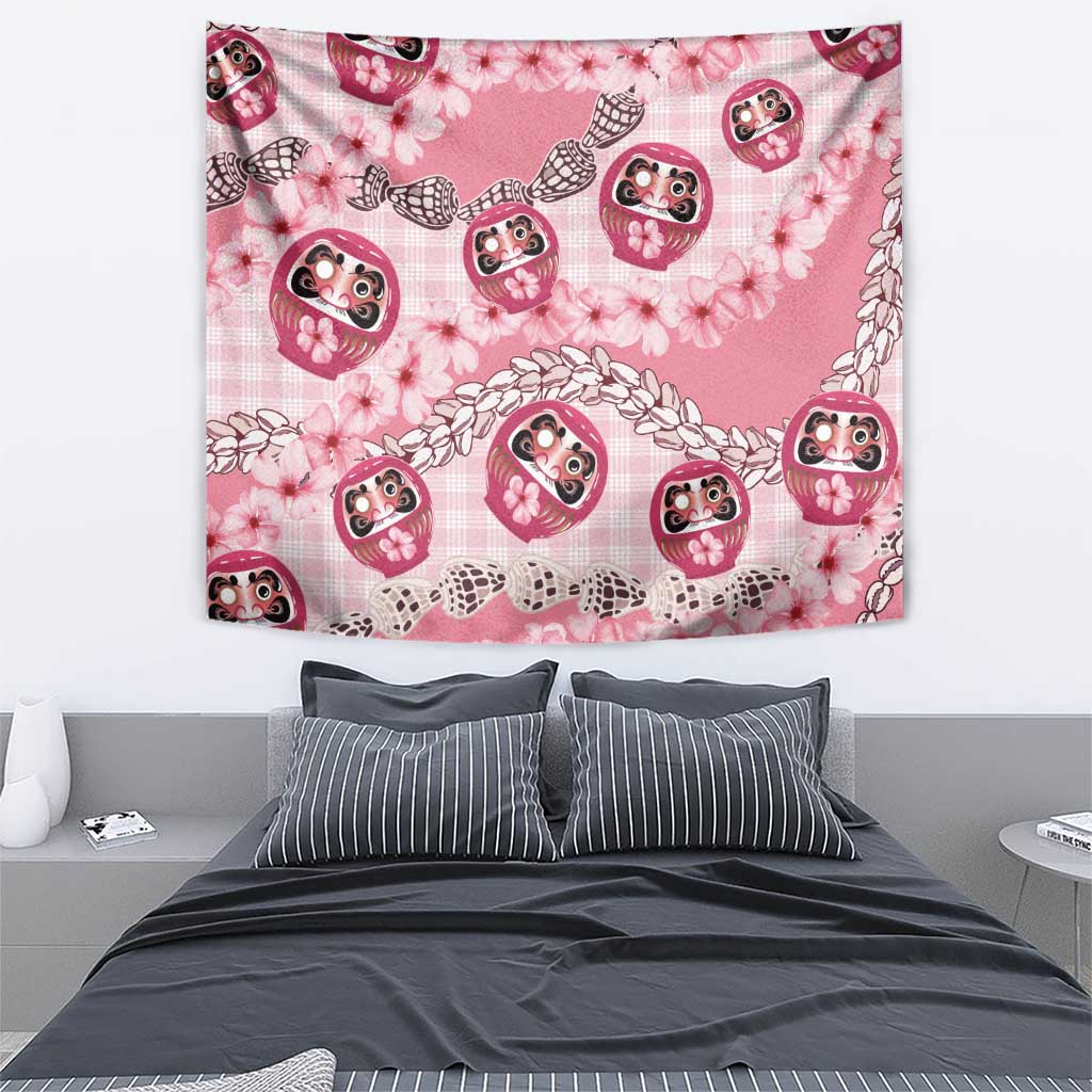 Japanese Daruma Doll Palaka Tapestry Cherry Blossoms With Shell Lei - Wonder Print Shop