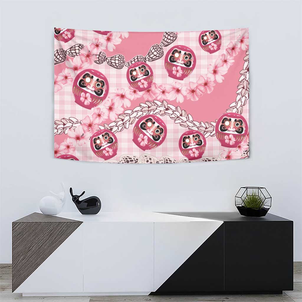 Japanese Daruma Doll Palaka Tapestry Cherry Blossoms With Shell Lei - Wonder Print Shop