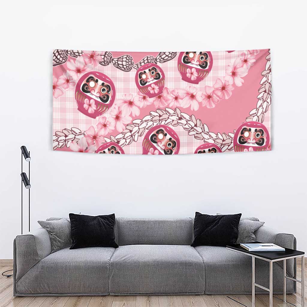 Japanese Daruma Doll Palaka Tapestry Cherry Blossoms With Shell Lei - Wonder Print Shop