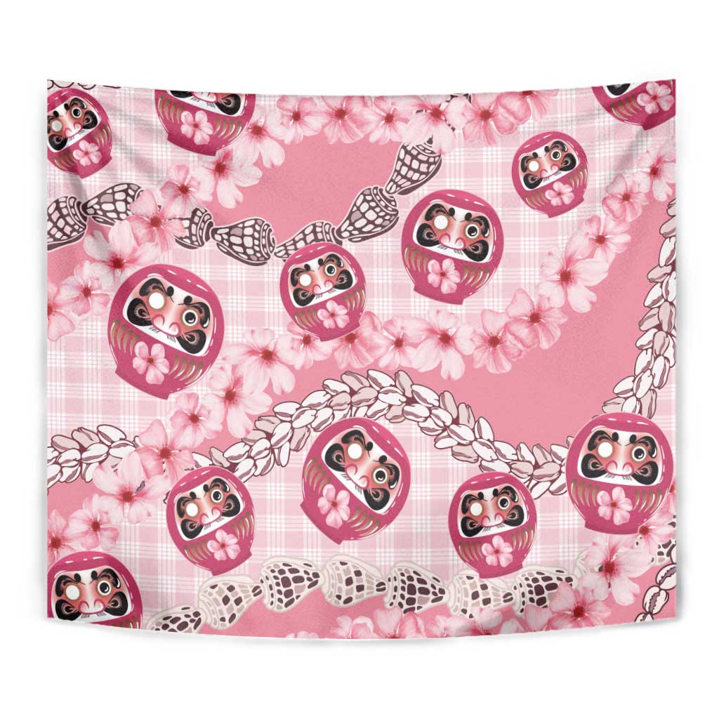 Japanese Daruma Doll Palaka Tapestry Cherry Blossoms With Shell Lei - Wonder Print Shop