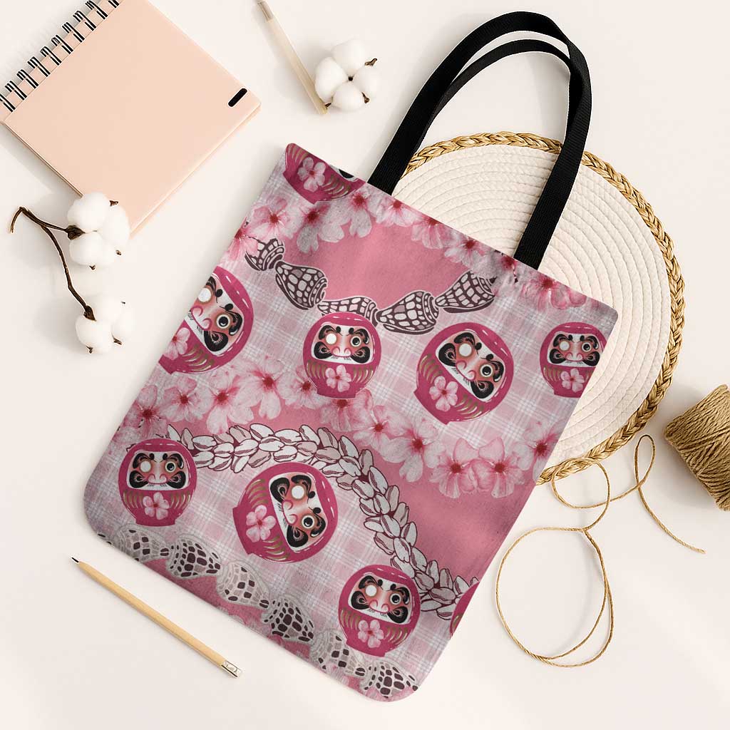 Japanese Daruma Doll Palaka Tote Bag Cherry Blossoms With Shell Lei - Wonder Print Shop