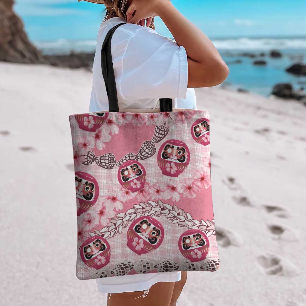 Japanese Daruma Doll Palaka Tote Bag Cherry Blossoms With Shell Lei - Wonder Print Shop
