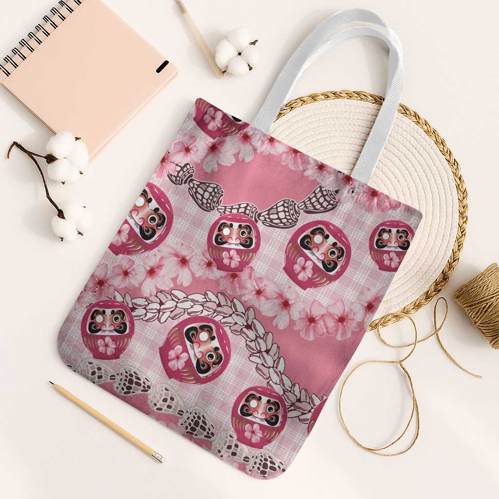 Japanese Daruma Doll Palaka Tote Bag Cherry Blossoms With Shell Lei - Wonder Print Shop