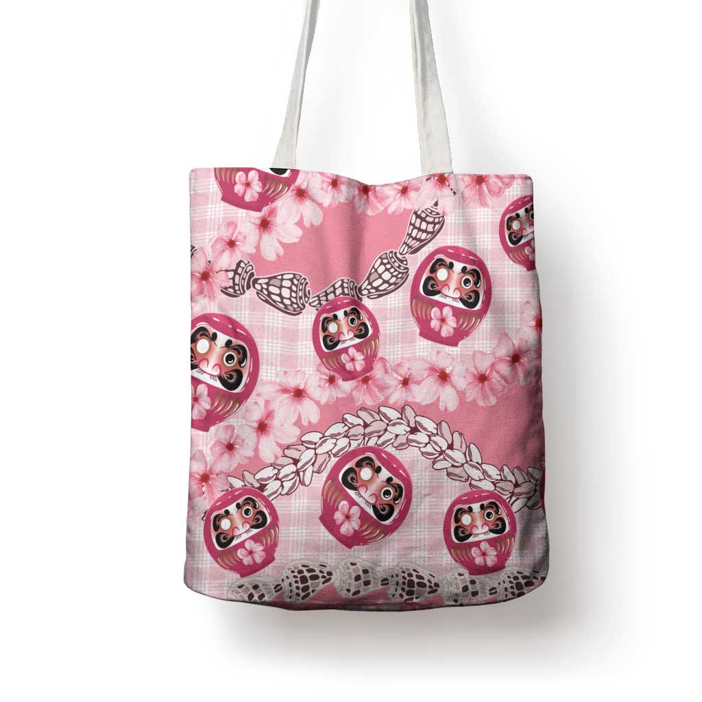Japanese Daruma Doll Palaka Tote Bag Cherry Blossoms With Shell Lei - Wonder Print Shop