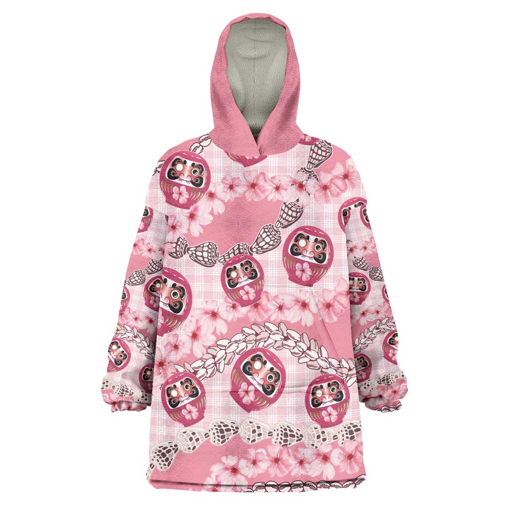 Japanese Daruma Doll Palaka Wearable Blanket Hoodie Cherry Blossoms With Shell Lei - Wonder Print Shop
