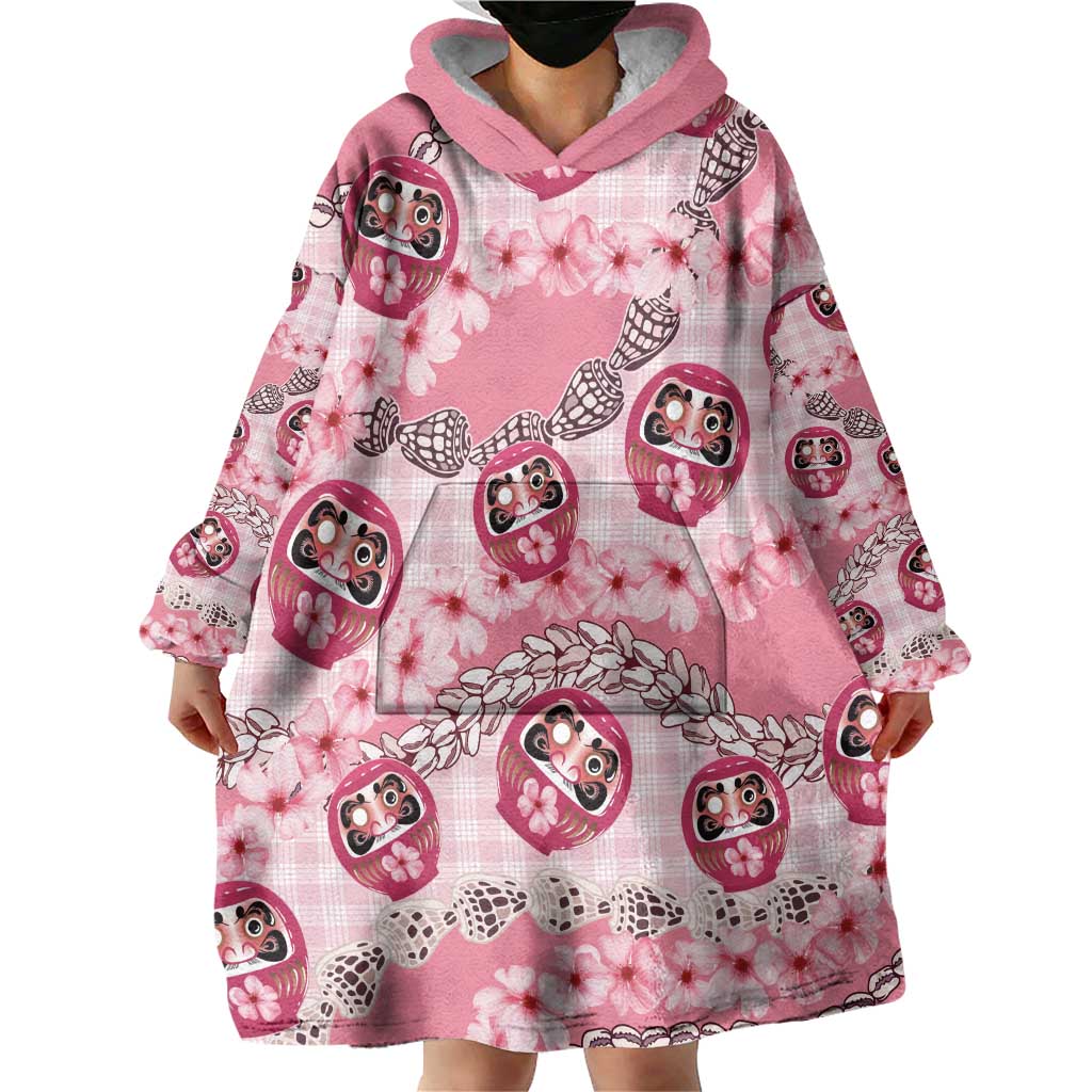 Japanese Daruma Doll Palaka Wearable Blanket Hoodie Cherry Blossoms With Shell Lei - Wonder Print Shop