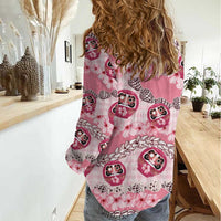 Japanese Daruma Doll Palaka Women Casual Shirt Cherry Blossoms With Shell Lei - Wonder Print Shop