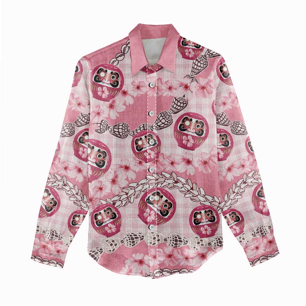 Japanese Daruma Doll Palaka Women Casual Shirt Cherry Blossoms With Shell Lei - Wonder Print Shop