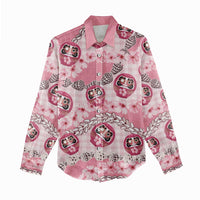 Japanese Daruma Doll Palaka Women Casual Shirt Cherry Blossoms With Shell Lei - Wonder Print Shop