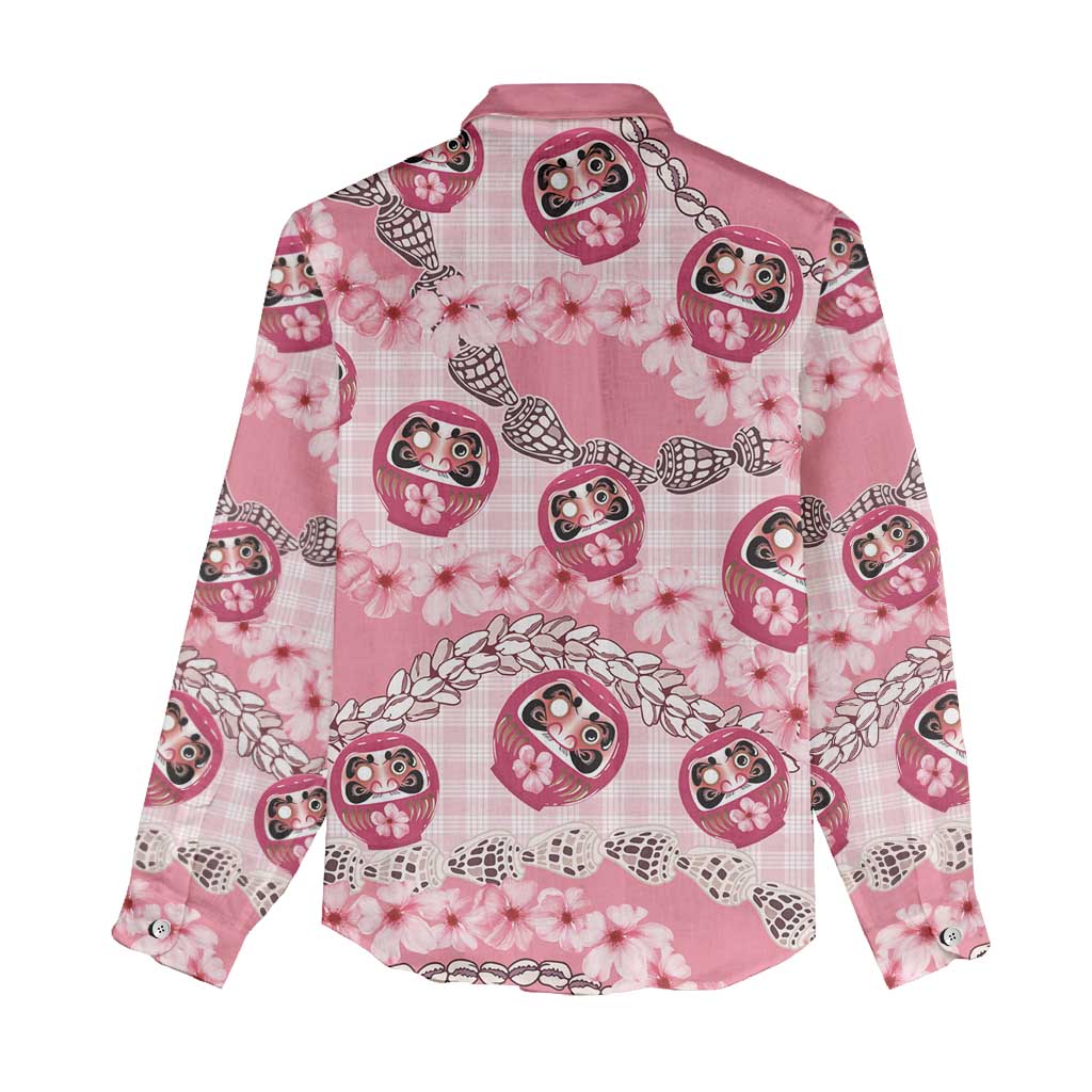 Japanese Daruma Doll Palaka Women Casual Shirt Cherry Blossoms With Shell Lei - Wonder Print Shop