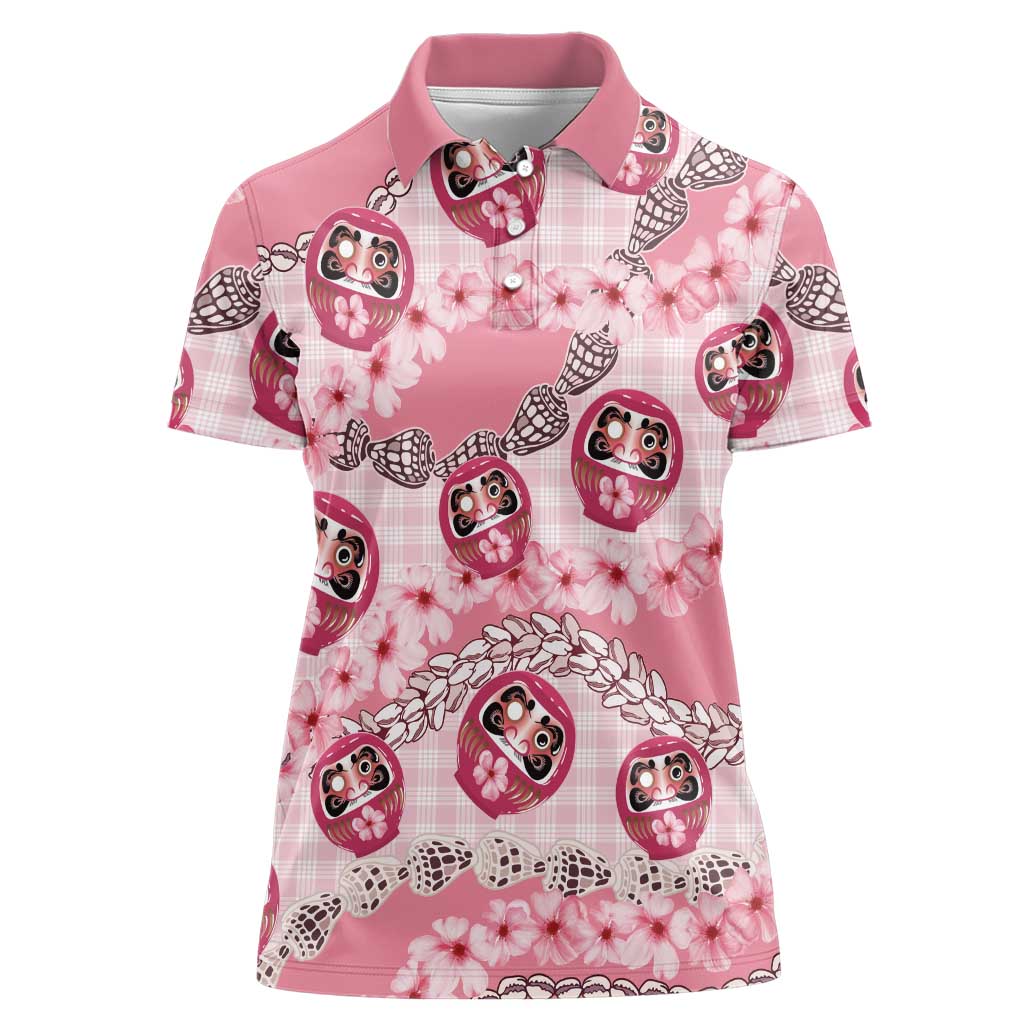 Japanese Daruma Doll Palaka Women Polo Shirt Cherry Blossoms With Shell Lei - Wonder Print Shop