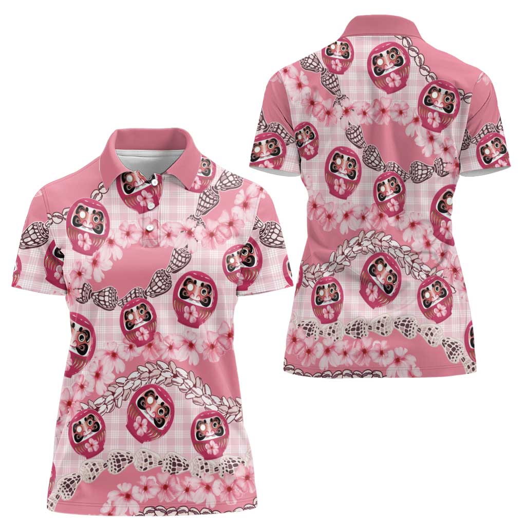 Japanese Daruma Doll Palaka Women Polo Shirt Cherry Blossoms With Shell Lei - Wonder Print Shop