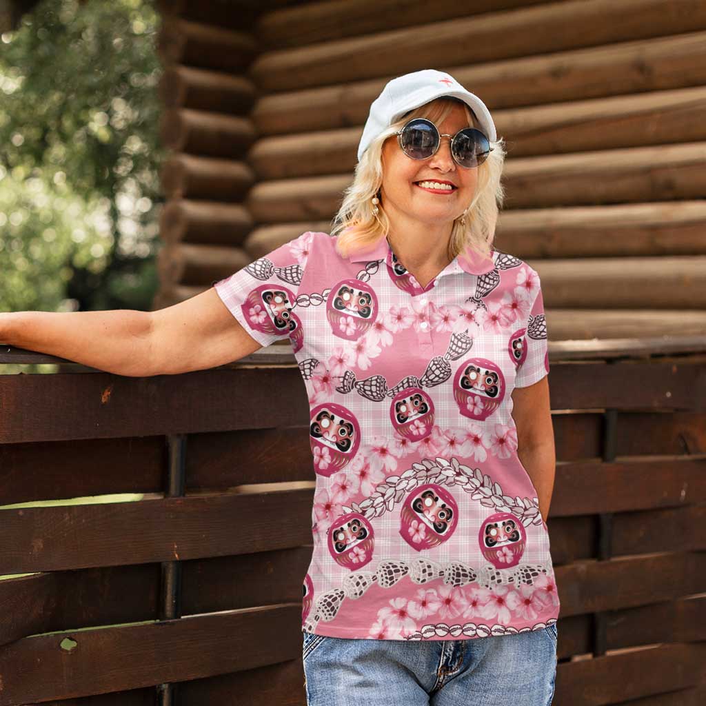Japanese Daruma Doll Palaka Women Polo Shirt Cherry Blossoms With Shell Lei - Wonder Print Shop