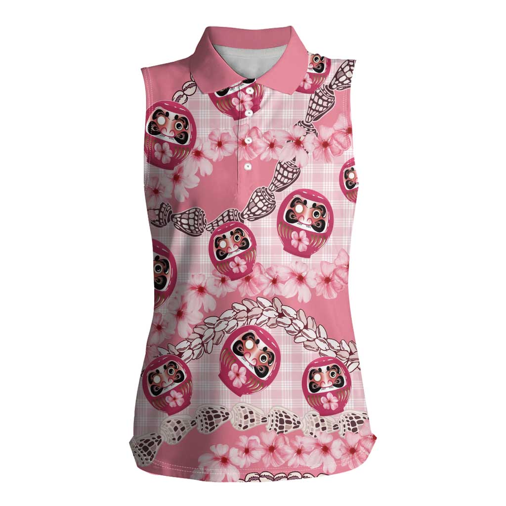 Japanese Daruma Doll Palaka Women Sleeveless Polo Shirt Cherry Blossoms With Shell Lei - Wonder Print Shop