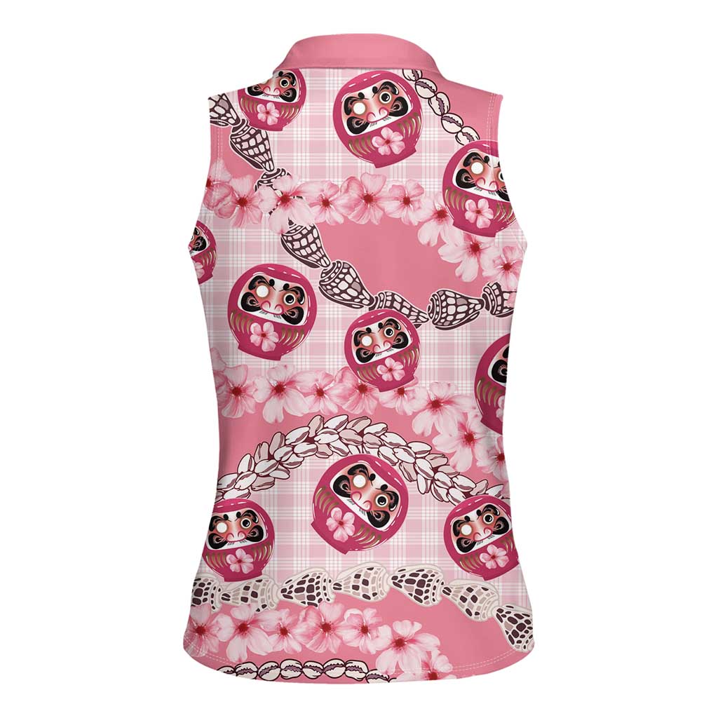 Japanese Daruma Doll Palaka Women Sleeveless Polo Shirt Cherry Blossoms With Shell Lei - Wonder Print Shop