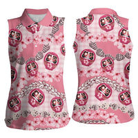 Japanese Daruma Doll Palaka Women Sleeveless Polo Shirt Cherry Blossoms With Shell Lei - Wonder Print Shop