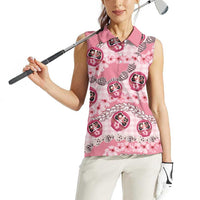 Japanese Daruma Doll Palaka Women Sleeveless Polo Shirt Cherry Blossoms With Shell Lei - Wonder Print Shop