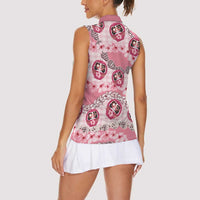 Japanese Daruma Doll Palaka Women Sleeveless Polo Shirt Cherry Blossoms With Shell Lei - Wonder Print Shop