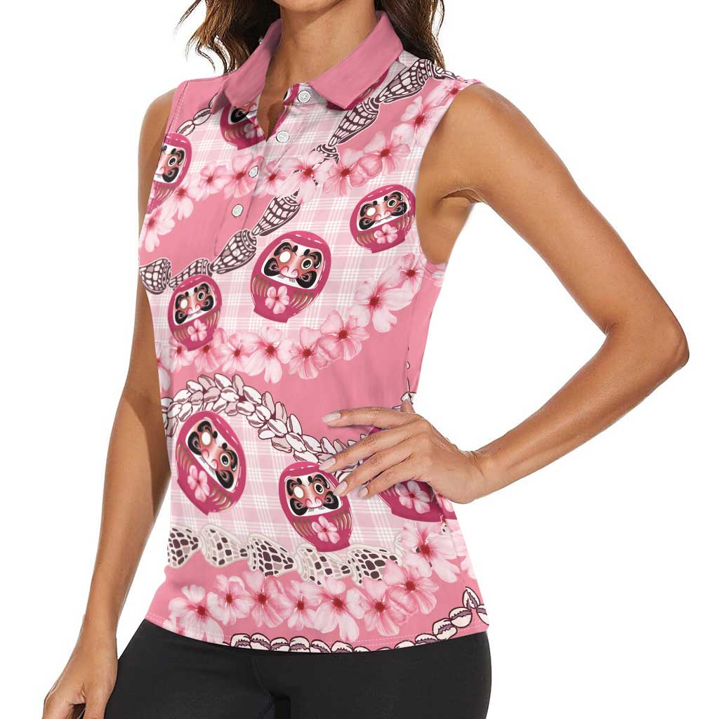 Japanese Daruma Doll Palaka Women Sleeveless Polo Shirt Cherry Blossoms With Shell Lei - Wonder Print Shop