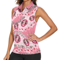 Japanese Daruma Doll Palaka Women Sleeveless Polo Shirt Cherry Blossoms With Shell Lei - Wonder Print Shop