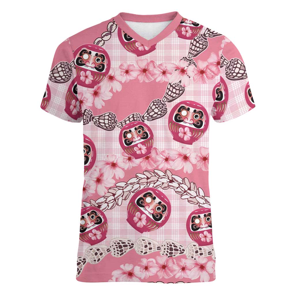 Japanese Daruma Doll Palaka Women V-Neck T-Shirt Cherry Blossoms With Shell Lei - Wonder Print Shop