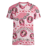 Japanese Daruma Doll Palaka Women V-Neck T-Shirt Cherry Blossoms With Shell Lei - Wonder Print Shop