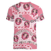 Japanese Daruma Doll Palaka Women V-Neck T-Shirt Cherry Blossoms With Shell Lei - Wonder Print Shop