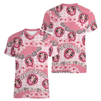 Japanese Daruma Doll Palaka Women V-Neck T-Shirt Cherry Blossoms With Shell Lei - Wonder Print Shop