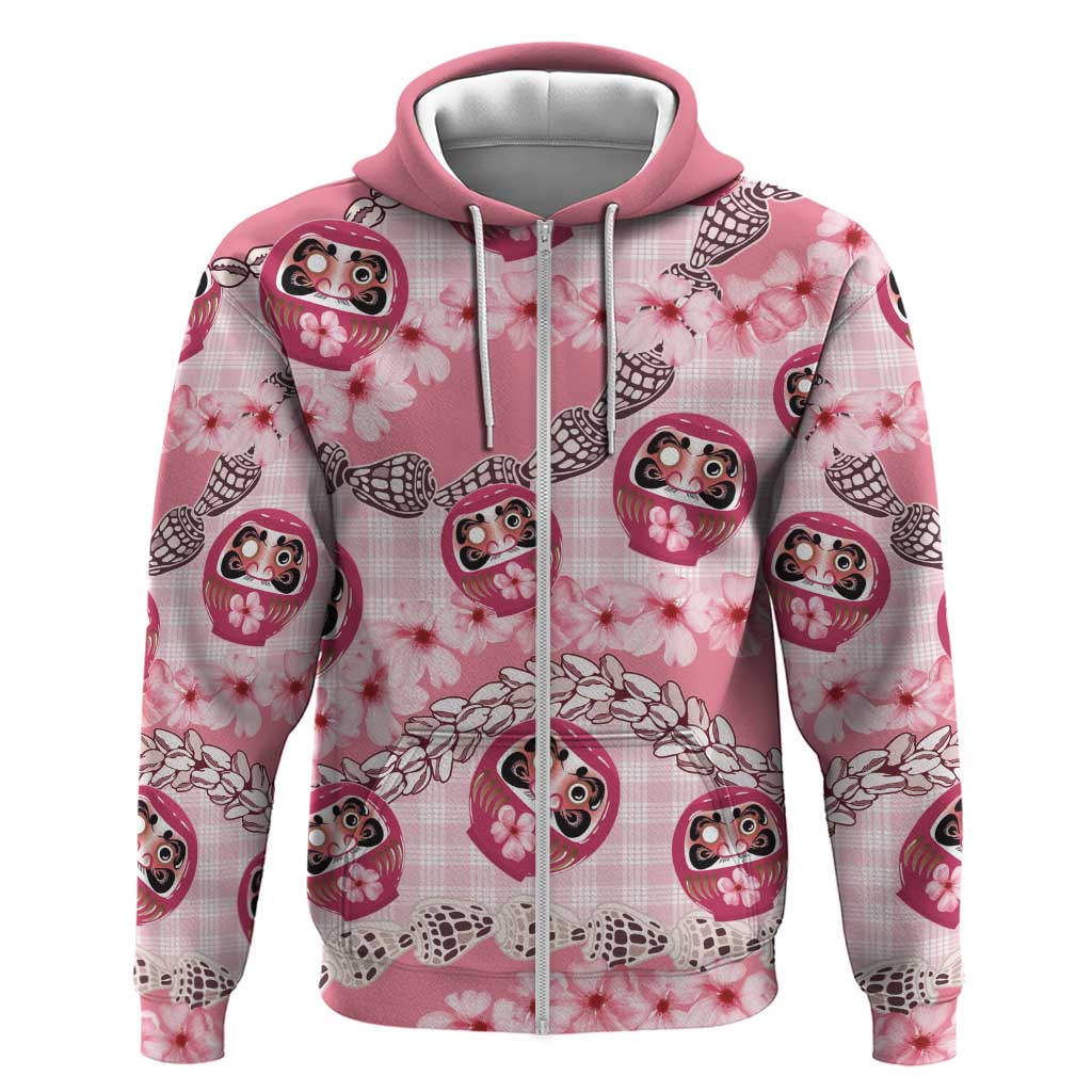 Japanese Daruma Doll Palaka Zip Hoodie Cherry Blossoms With Shell Lei - Wonder Print Shop
