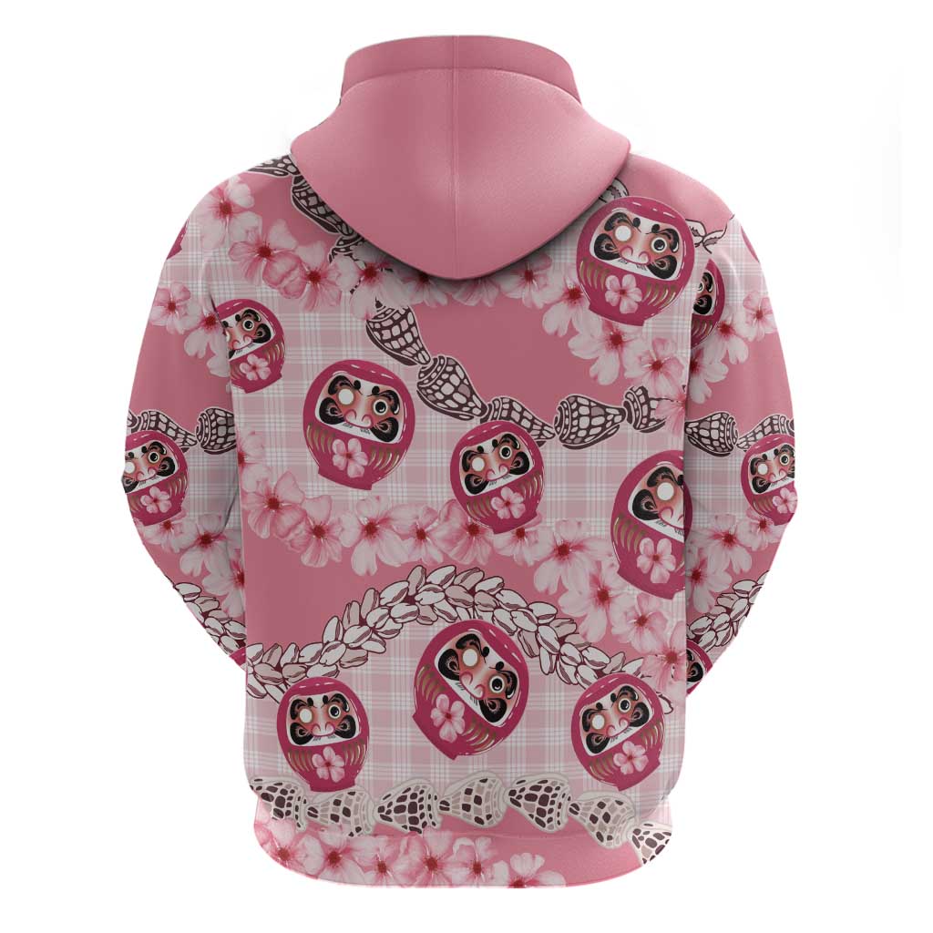 Japanese Daruma Doll Palaka Zip Hoodie Cherry Blossoms With Shell Lei - Wonder Print Shop