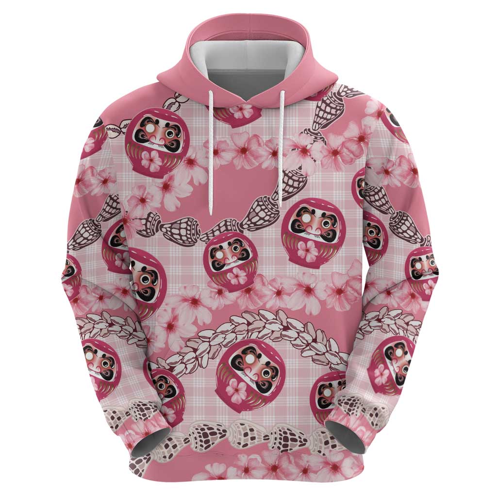 Japanese Daruma Doll Palaka Zip Hoodie Cherry Blossoms With Shell Lei - Wonder Print Shop