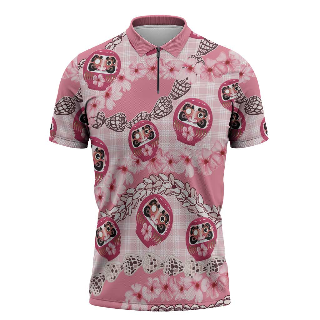 Japanese Daruma Doll Palaka Zipper Polo Shirt Cherry Blossoms With Shell Lei - Wonder Print Shop