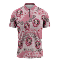 Japanese Daruma Doll Palaka Zipper Polo Shirt Cherry Blossoms With Shell Lei - Wonder Print Shop