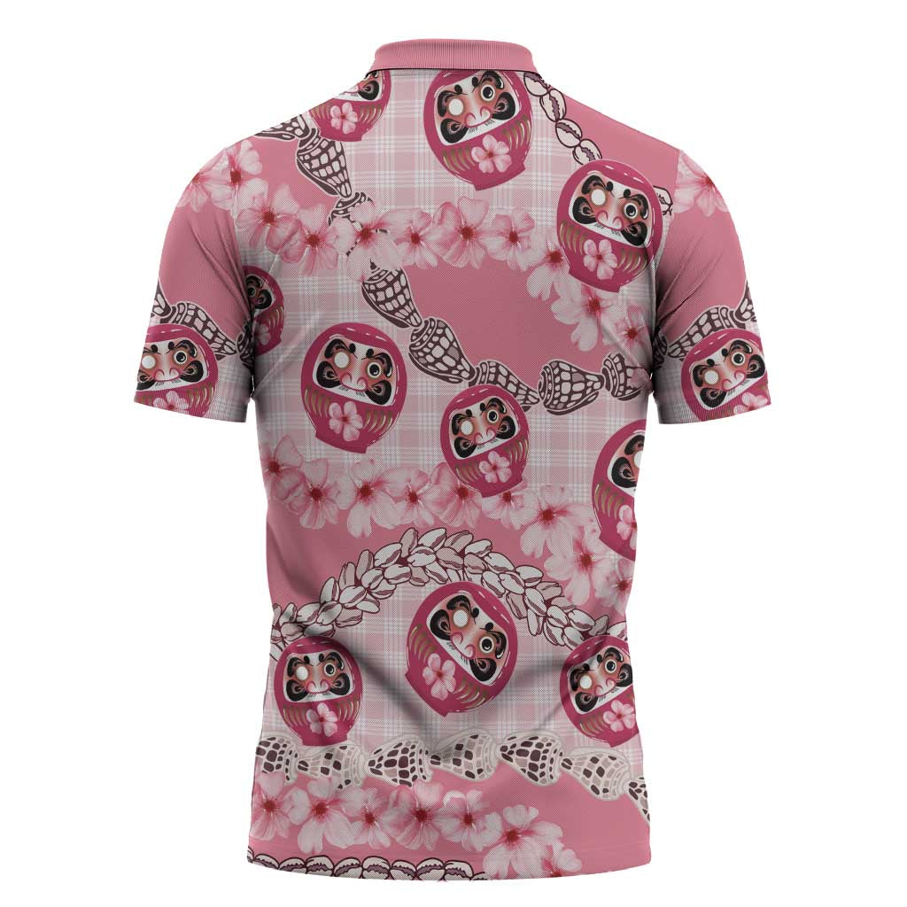 Japanese Daruma Doll Palaka Zipper Polo Shirt Cherry Blossoms With Shell Lei - Wonder Print Shop